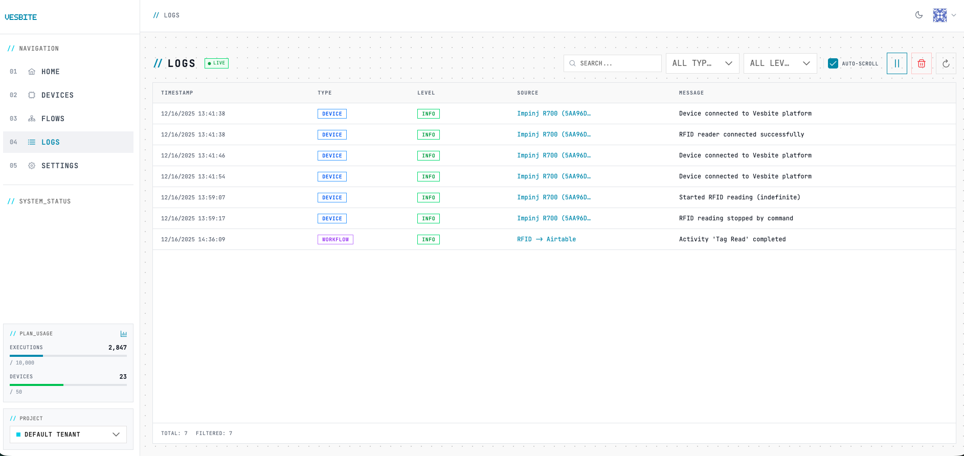 Vesbite real-time event logs